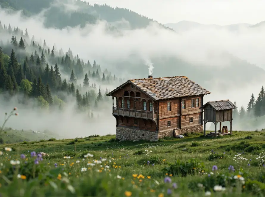 Sisli Karadeniz yaylasında geleneksel ahşap yayla evi ve serender — Vivo İnşaat