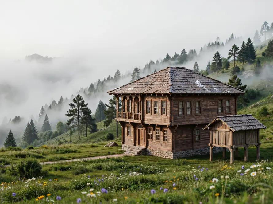Sisli Karadeniz yaylasında geleneksel ahşap yayla evi ve serender — Vivo İnşaat