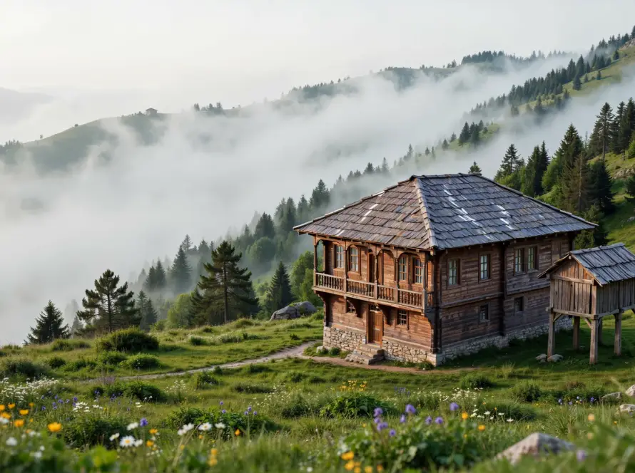 Sisli Karadeniz yaylasında geleneksel ahşap yayla evi ve serender — Vivo İnşaat