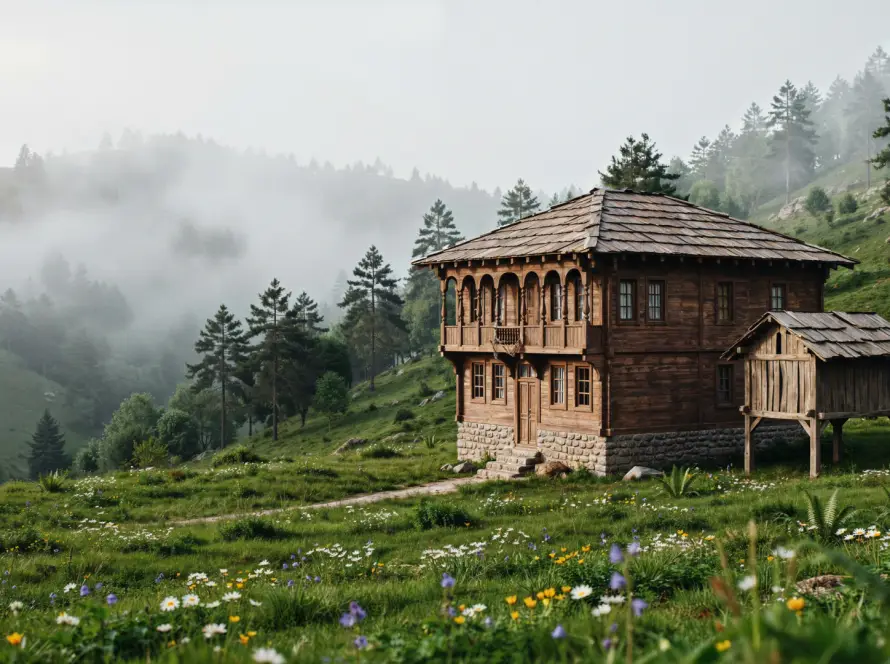 Sisli Karadeniz yaylasında geleneksel ahşap yayla evi ve serender — Vivo İnşaat